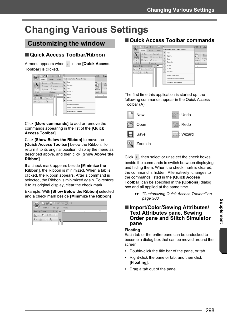 Changing various settings, Customizing the window | Baby Lock Palette 10 (ECS10) Instruction Manual User Manual | Page 299 / 356