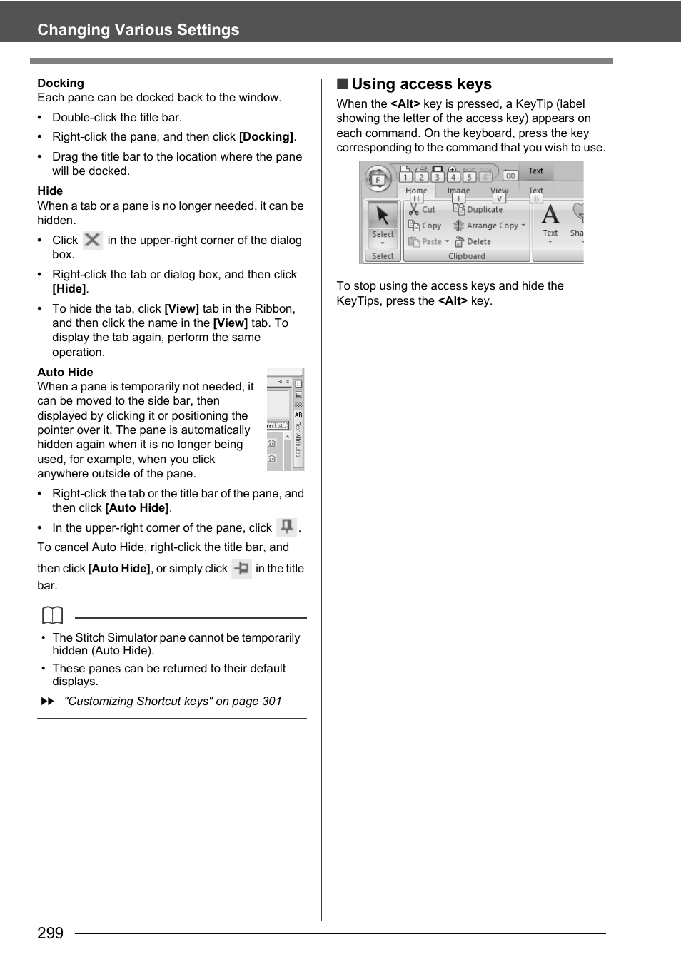 299 changing various settings, Using access keys | Baby Lock Palette 10 (ECS10) Instruction Manual User Manual | Page 300 / 356