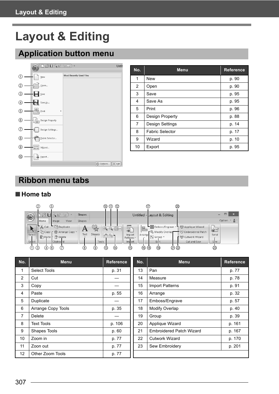 Layout & editing, Application button menu, Ribbon menu tabs | 307 layout & editing, Home tab | Baby Lock Palette 10 (ECS10) Instruction Manual User Manual | Page 308 / 356