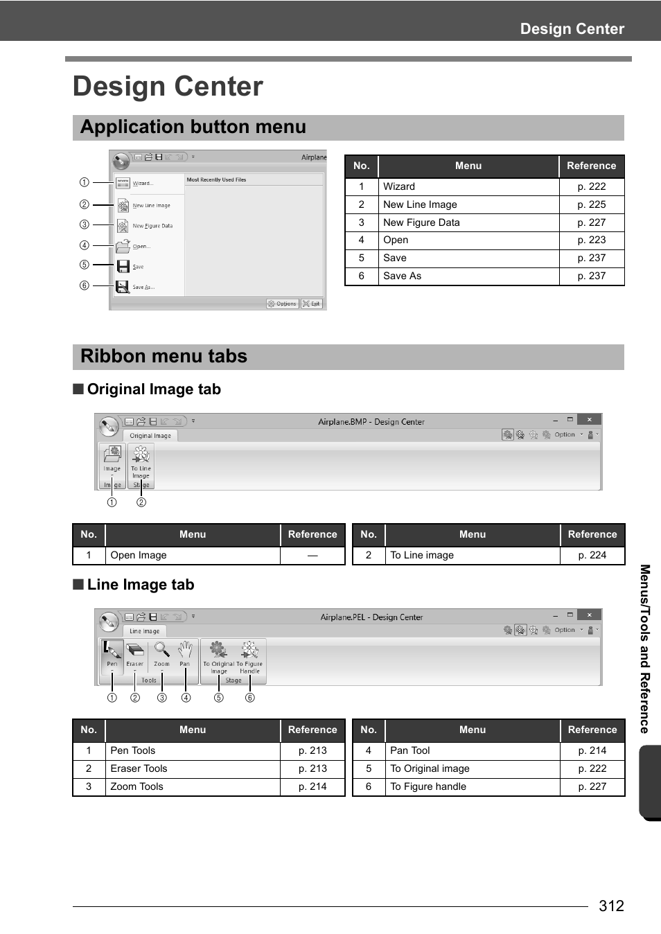 Application button menu, Ribbon menu tabs, Design center | Original image tab ■ line image tab | Baby Lock Palette 10 (ECS10) Instruction Manual User Manual | Page 313 / 356