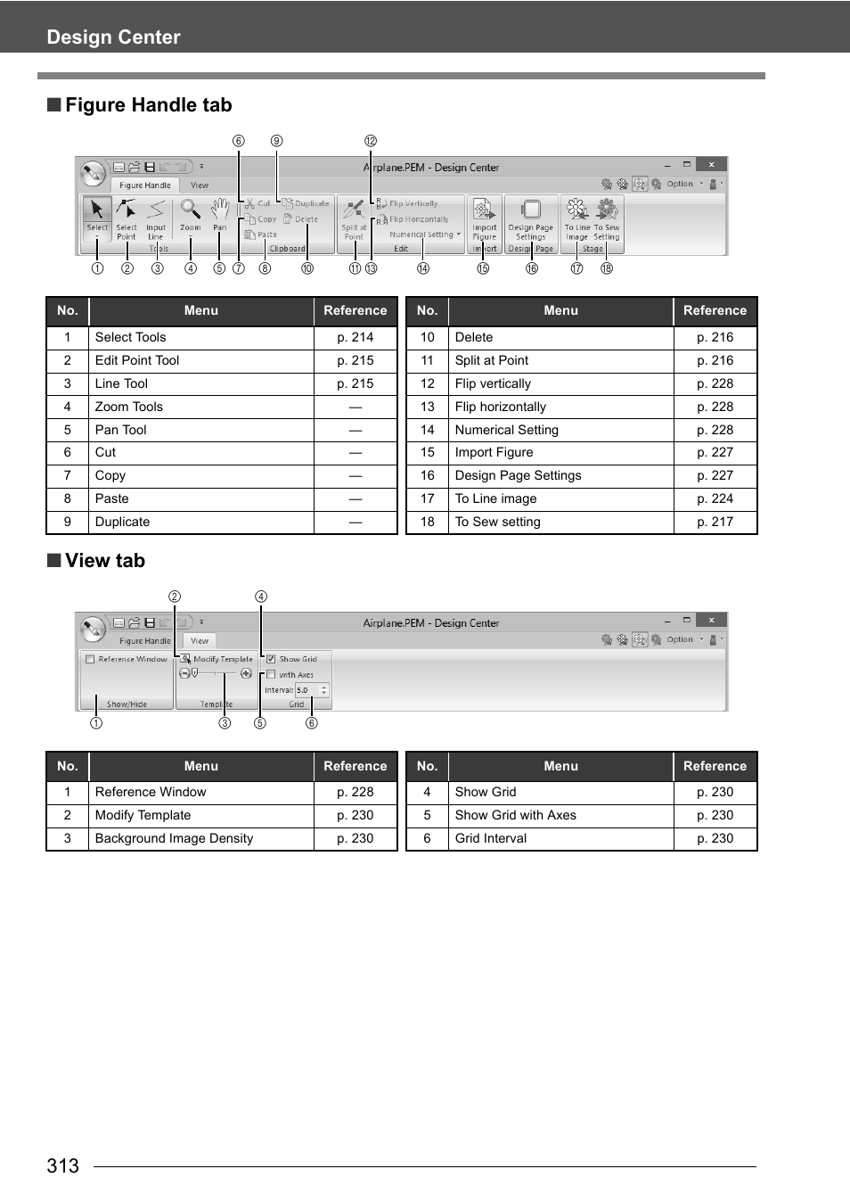 313 design center ■ figure handle tab ■ view tab | Baby Lock Palette 10 (ECS10) Instruction Manual User Manual | Page 314 / 356