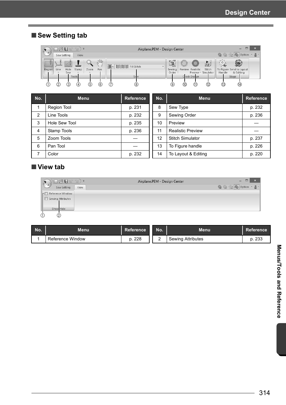 Design center ■ sew setting tab ■ view tab | Baby Lock Palette 10 (ECS10) Instruction Manual User Manual | Page 315 / 356