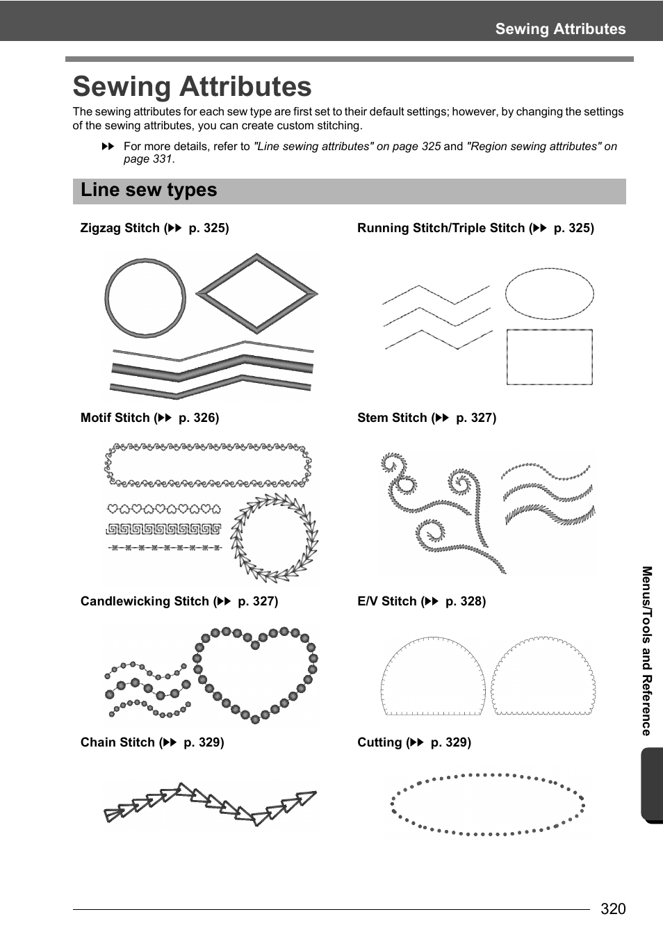 Sewing attributes, Line sew types | Baby Lock Palette 10 (ECS10) Instruction Manual User Manual | Page 321 / 356