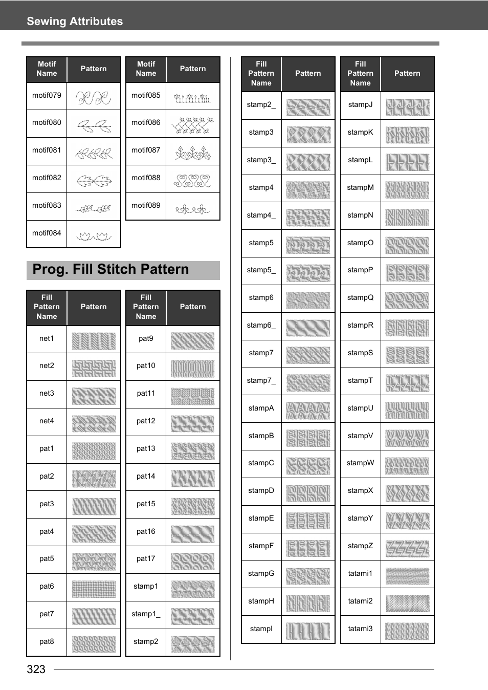 Prog. fill stitch pattern, 323 sewing attributes | Baby Lock Palette 10 (ECS10) Instruction Manual User Manual | Page 324 / 356