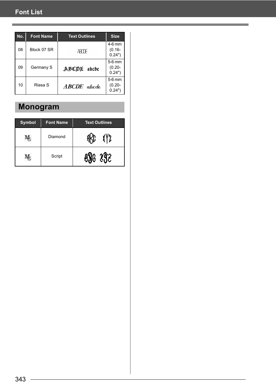Monogram, 343 font list | Baby Lock Palette 10 (ECS10) Instruction Manual User Manual | Page 344 / 356