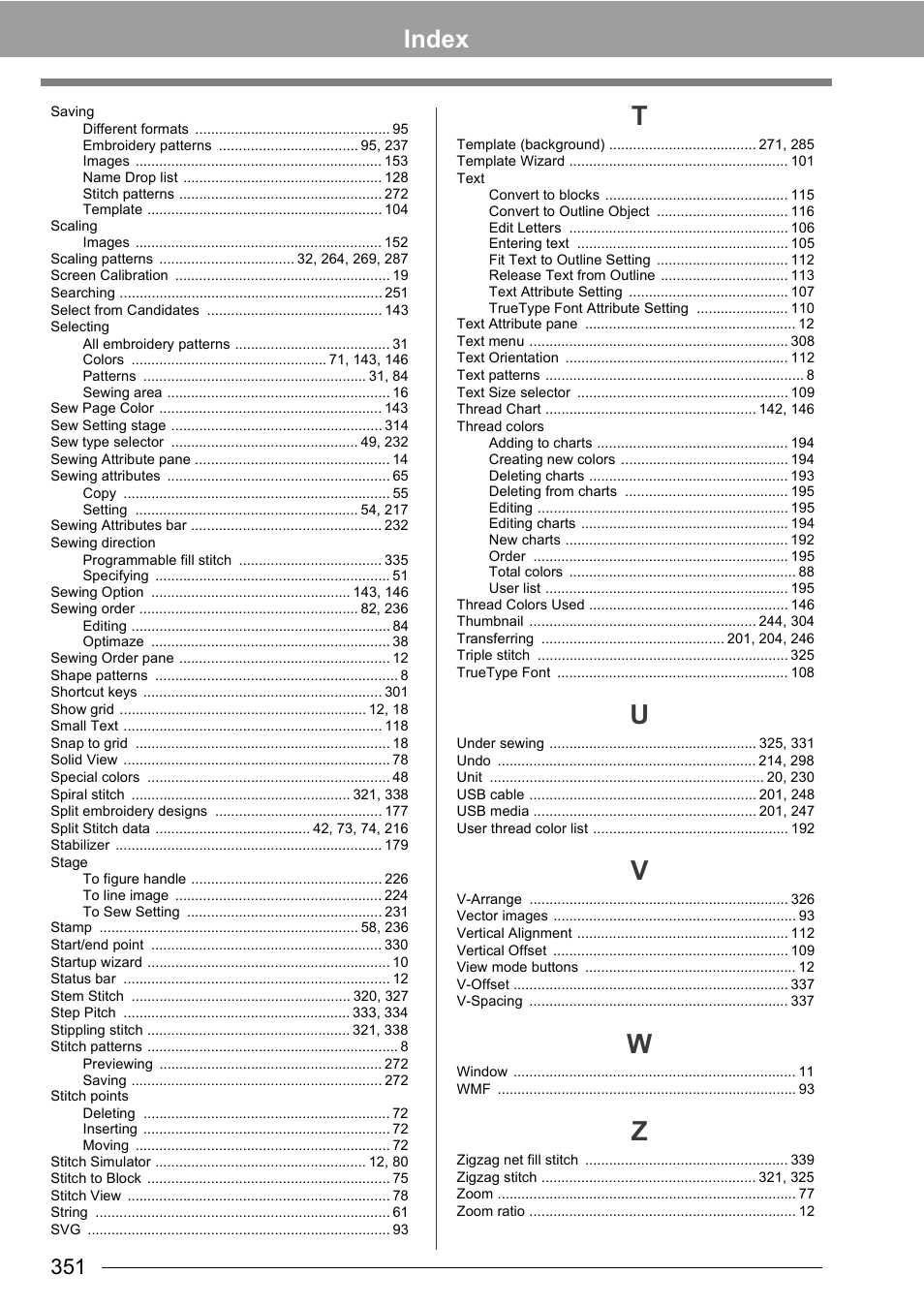 Index | Baby Lock Palette 10 (ECS10) Instruction Manual User Manual | Page 352 / 356