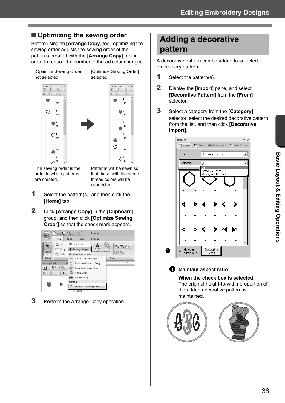 Adding a decorative pattern, 38 editing embroidery designs, Optimizing the sewing order | Baby Lock Palette 10 (ECS10) Instruction Manual User Manual | Page 39 / 356