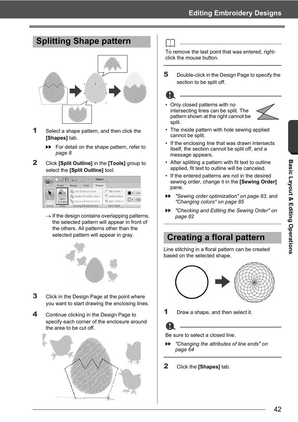 Splitting shape pattern, Creating a floral pattern, 42 editing embroidery designs | Baby Lock Palette 10 (ECS10) Instruction Manual User Manual | Page 43 / 356