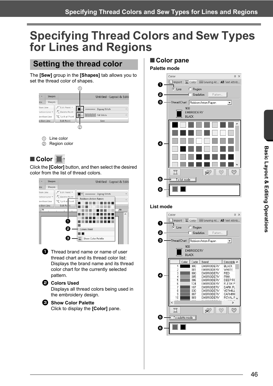 Setting the thread color, Color, Color pane | Baby Lock Palette 10 (ECS10) Instruction Manual User Manual | Page 47 / 356
