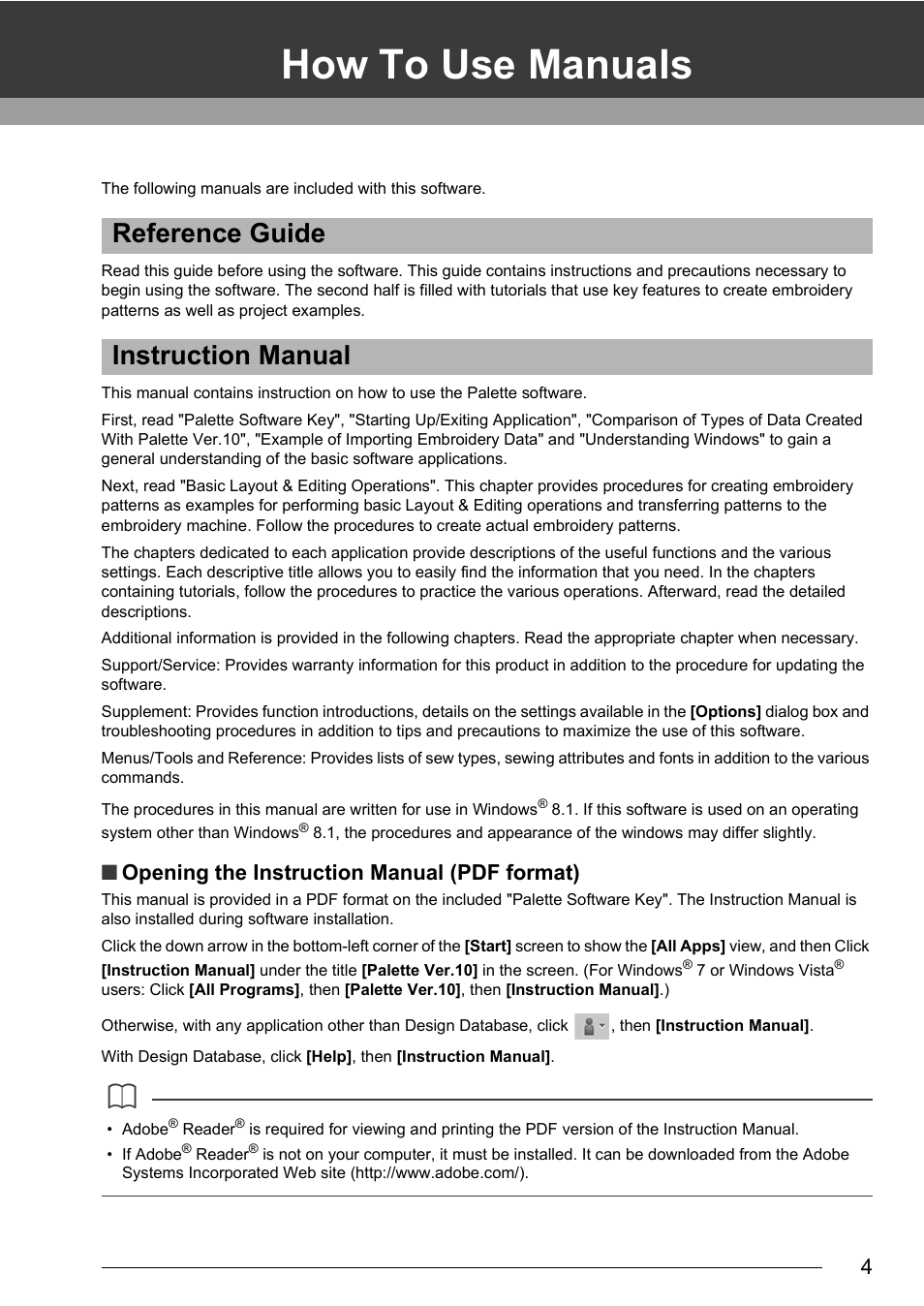 How to use manuals, Reference guide instruction manual, Opening the instruction manual (pdf format) | Baby Lock Palette 10 (ECS10) Instruction Manual User Manual | Page 5 / 356