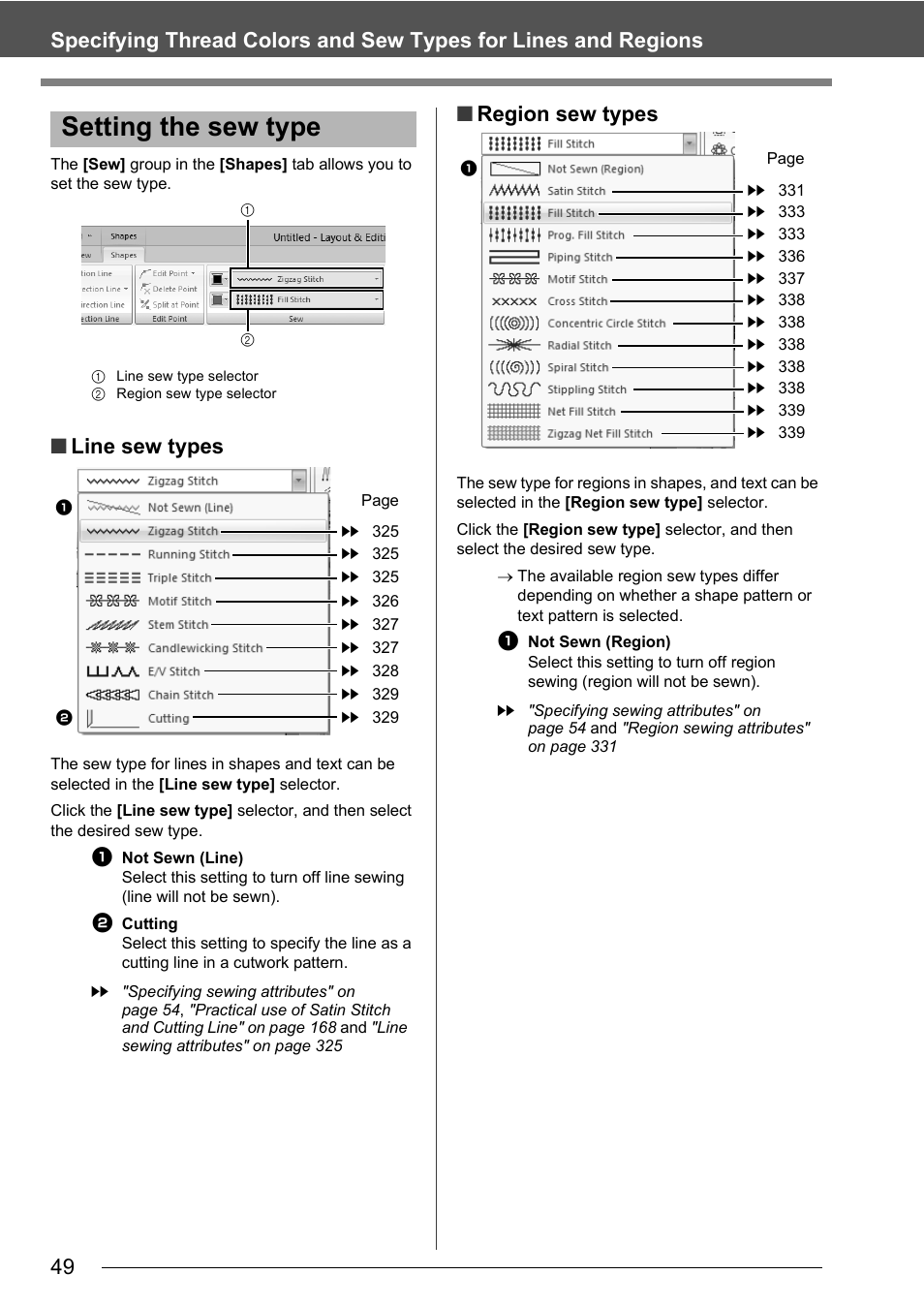 Setting the sew type, Line sew types, Region sew types | Baby Lock Palette 10 (ECS10) Instruction Manual User Manual | Page 50 / 356
