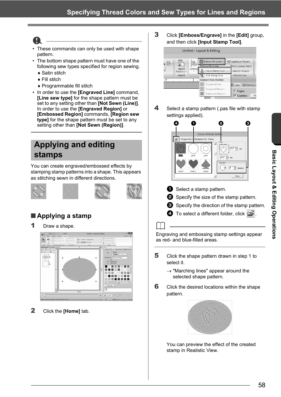 Applying and editing stamps, Applying a stamp 1 | Baby Lock Palette 10 (ECS10) Instruction Manual User Manual | Page 59 / 356