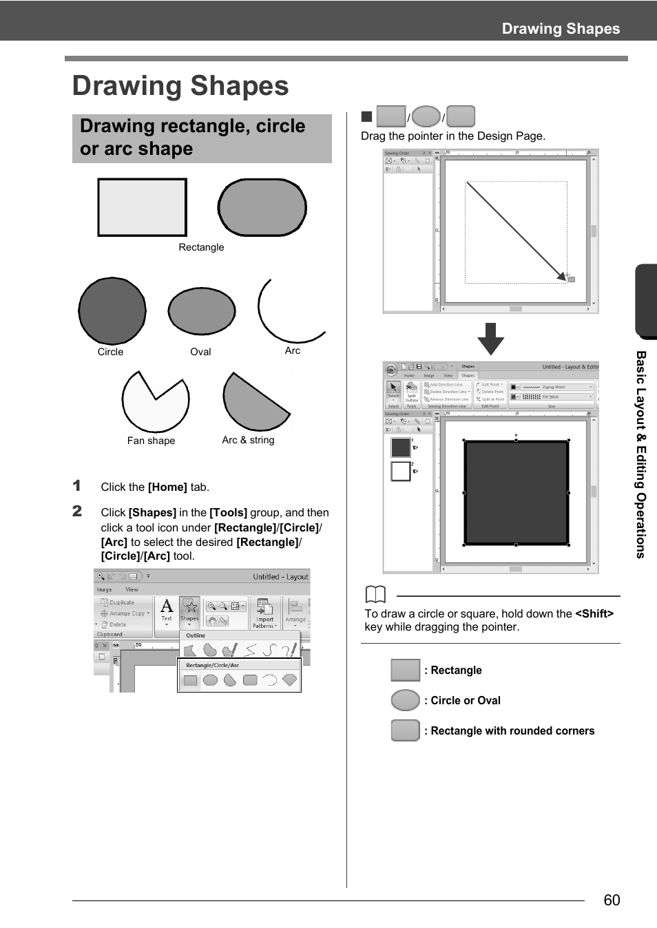 Drawing shapes, Drawing rectangle, circle or arc shape, 60 drawing shapes | Baby Lock Palette 10 (ECS10) Instruction Manual User Manual | Page 61 / 356