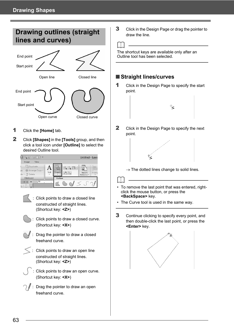 Drawing outlines (straight lines and curves), 63 drawing shapes 1, Straight lines/curves 1 | Baby Lock Palette 10 (ECS10) Instruction Manual User Manual | Page 64 / 356