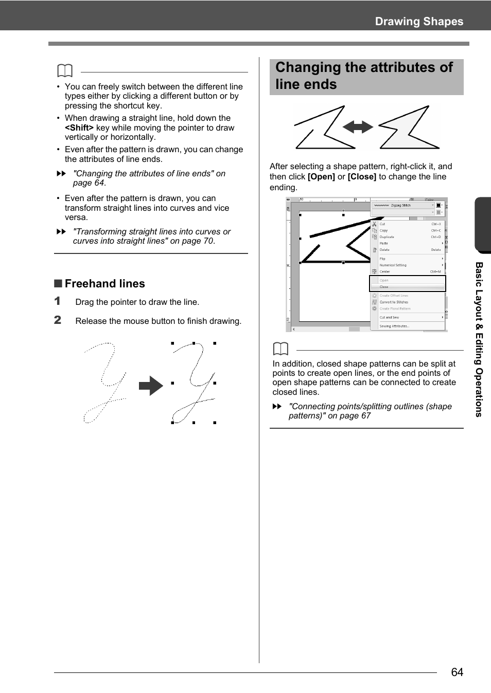 Changing the attributes of line ends, 64 drawing shapes, Freehand lines 1 | Baby Lock Palette 10 (ECS10) Instruction Manual User Manual | Page 65 / 356