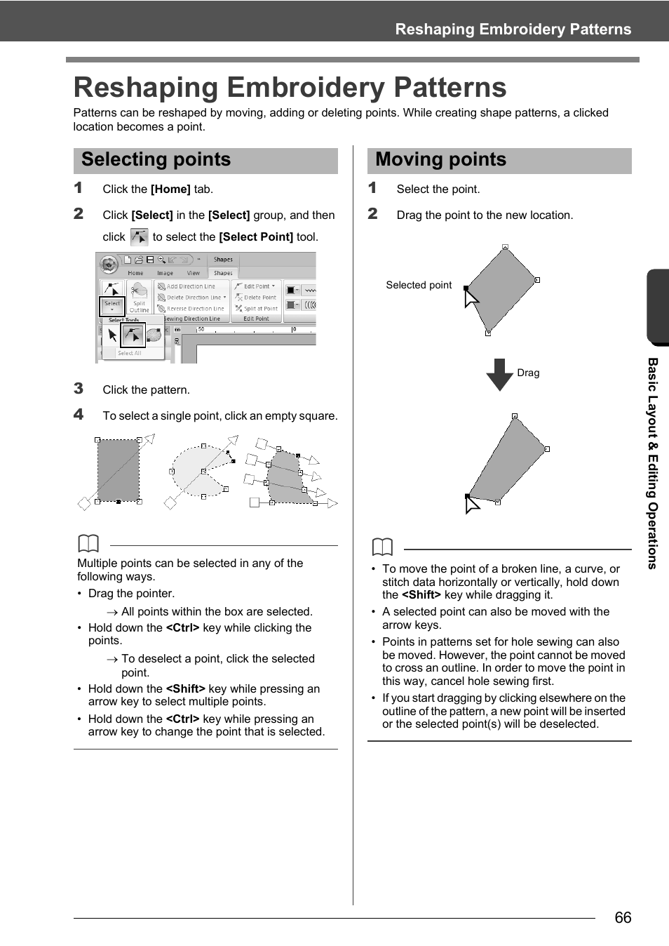 Reshaping embroidery patterns, Selecting points, Moving points | 66 reshaping embroidery patterns | Baby Lock Palette 10 (ECS10) Instruction Manual User Manual | Page 67 / 356