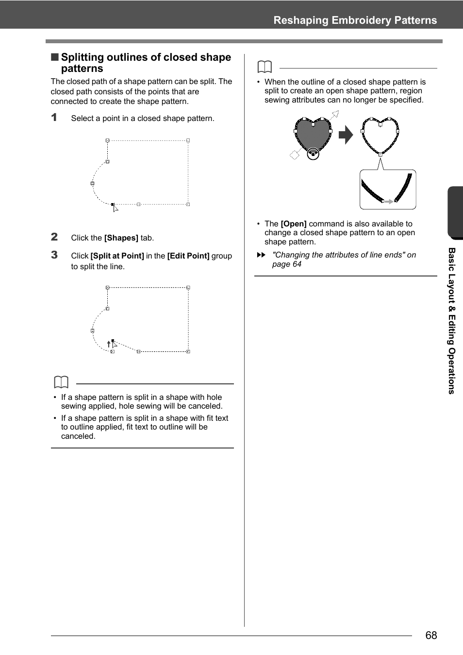 68 reshaping embroidery patterns, Splitting outlines of closed shape patterns | Baby Lock Palette 10 (ECS10) Instruction Manual User Manual | Page 69 / 356