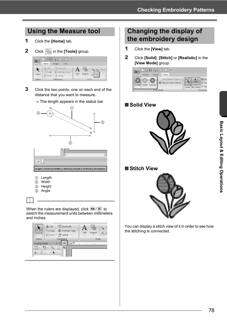 Using the measure tool, Changing the display of the embroidery design, 78 checking embroidery patterns | Solid view ■ stitch view | Baby Lock Palette 10 (ECS10) Instruction Manual User Manual | Page 79 / 356
