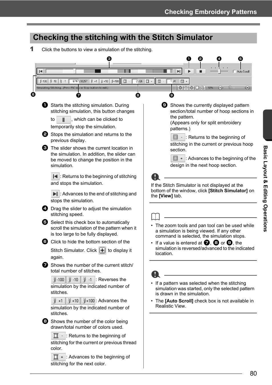 Checking the stitching with the stitch simulator, 80 checking embroidery patterns | Baby Lock Palette 10 (ECS10) Instruction Manual User Manual | Page 81 / 356