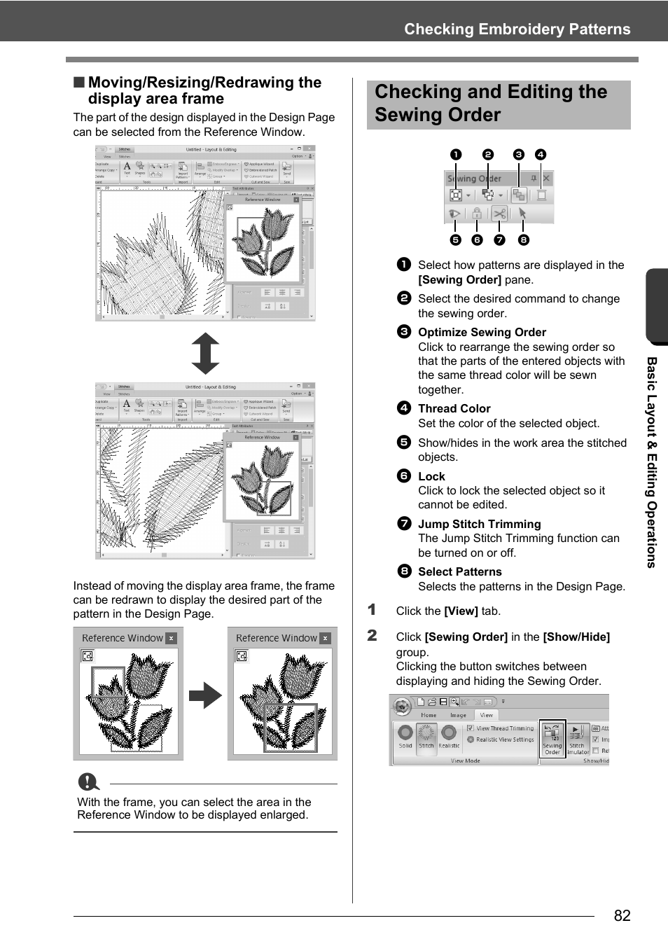 Checking and editing the sewing order, 82 checking embroidery patterns, Moving/resizing/redrawing the display area frame | Baby Lock Palette 10 (ECS10) Instruction Manual User Manual | Page 83 / 356
