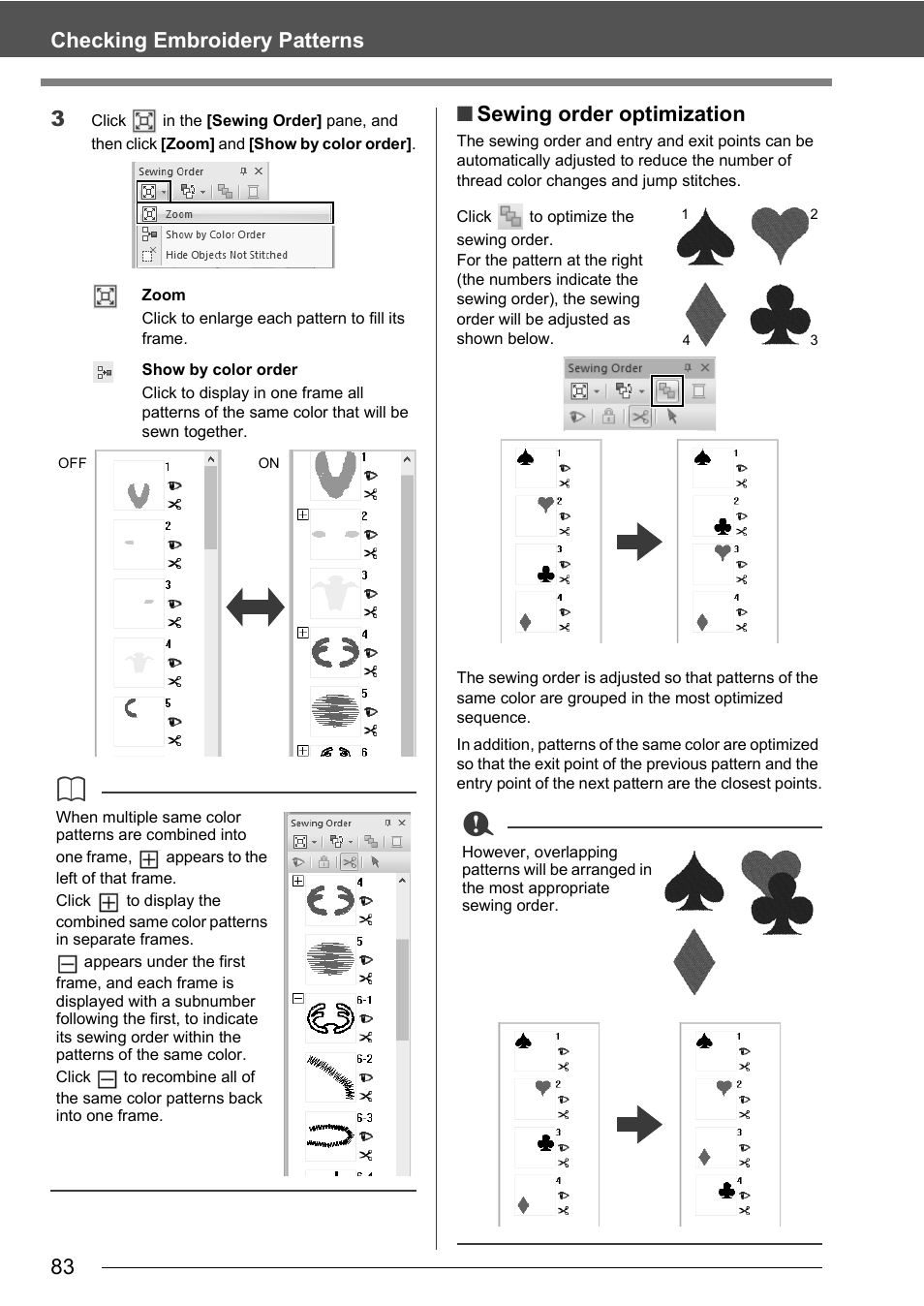 83 checking embroidery patterns 3, Sewing order optimization | Baby Lock Palette 10 (ECS10) Instruction Manual User Manual | Page 84 / 356