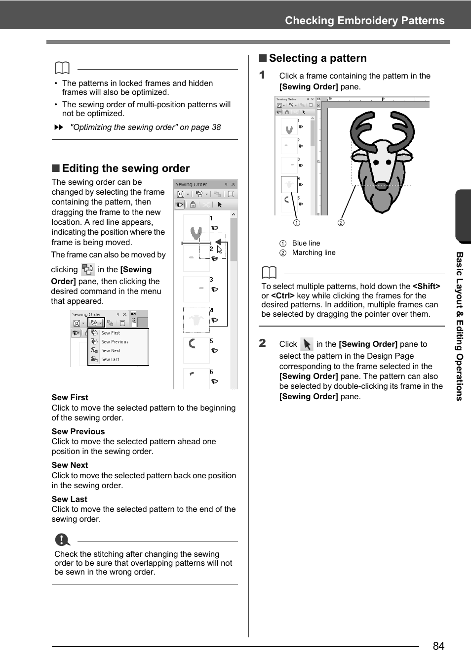 84 checking embroidery patterns, Editing the sewing order, Selecting a pattern 1 | Baby Lock Palette 10 (ECS10) Instruction Manual User Manual | Page 85 / 356