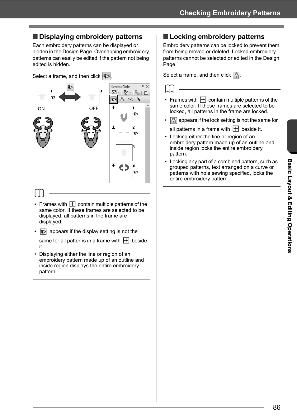 86 checking embroidery patterns, Displaying embroidery patterns, Locking embroidery patterns | Baby Lock Palette 10 (ECS10) Instruction Manual User Manual | Page 87 / 356