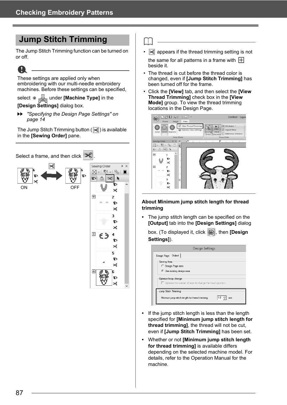 Jump stitch trimming, 87 checking embroidery patterns | Baby Lock Palette 10 (ECS10) Instruction Manual User Manual | Page 88 / 356