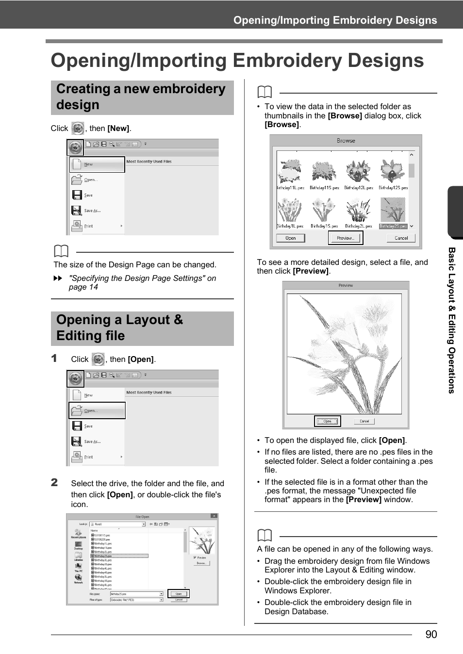 Opening/importing embroidery designs, Creating a new embroidery design, Opening a layout & editing file | 90 opening/importing embroidery designs | Baby Lock Palette 10 (ECS10) Instruction Manual User Manual | Page 91 / 356