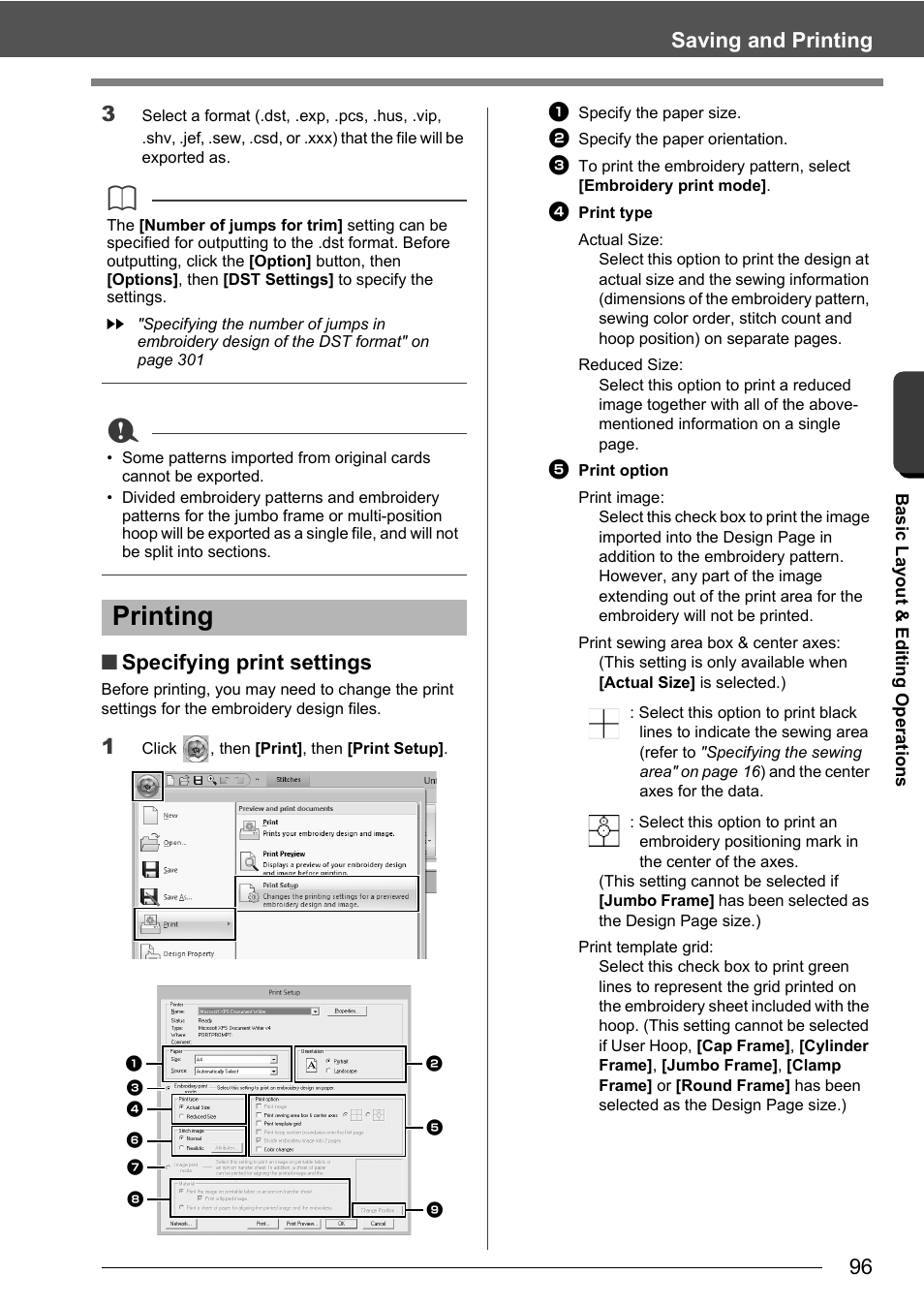 Printing, 96 saving and printing, Specifying print settings | Baby Lock Palette 10 (ECS10) Instruction Manual User Manual | Page 97 / 356