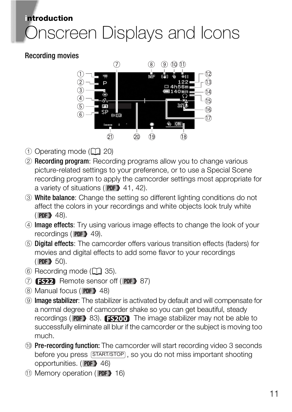 Onscreen displays and icons | Canon Digital Video Camcorder FS200 User Manual | Page 11 / 50