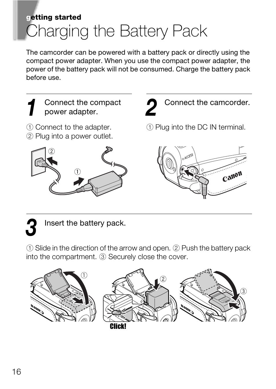 Charging the battery pack | Canon Digital Video Camcorder FS200 User Manual | Page 16 / 50