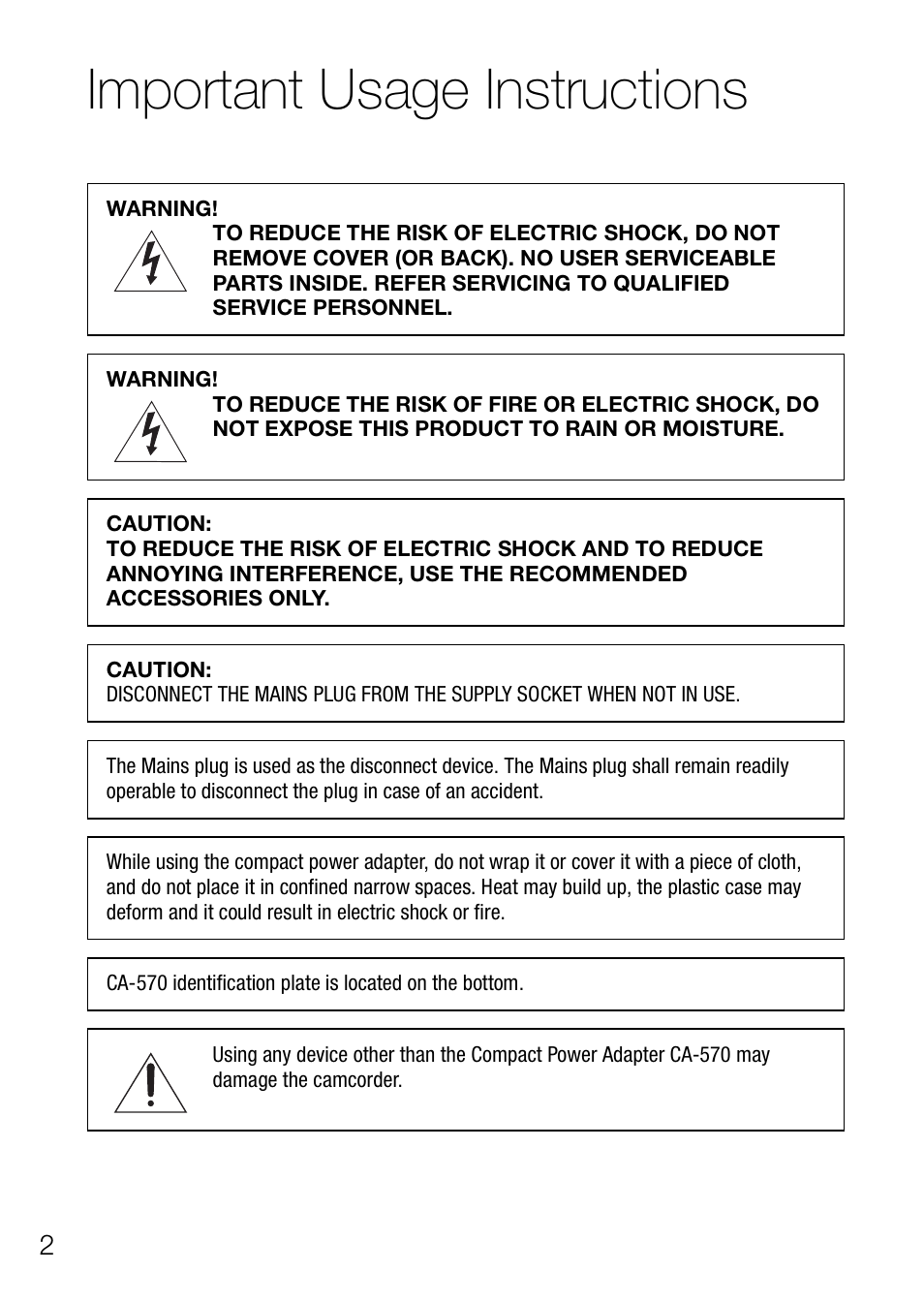 Important usage instructions | Canon Digital Video Camcorder FS200 User Manual | Page 2 / 50