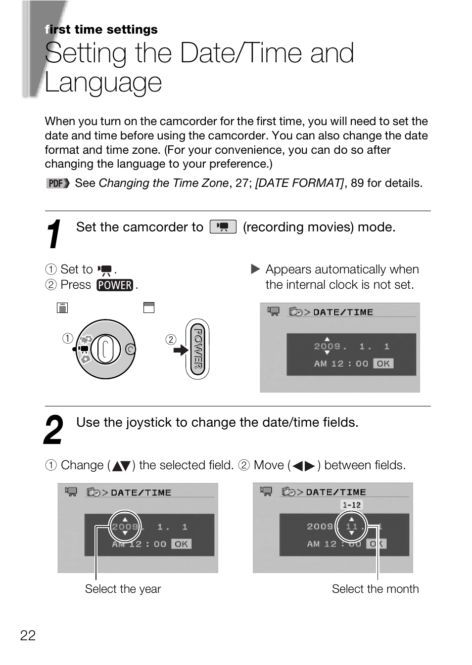 Setting the date/time and language | Canon Digital Video Camcorder FS200 User Manual | Page 22 / 50