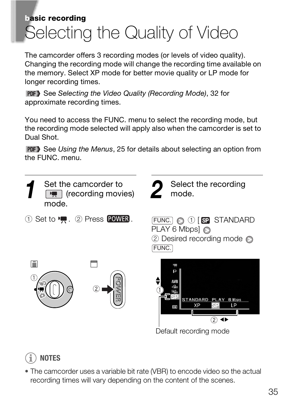 Selecting the quality of video | Canon Digital Video Camcorder FS200 User Manual | Page 35 / 50