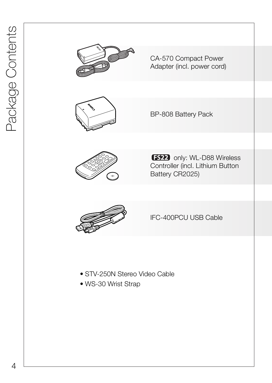 Packag e conte n ts | Canon Digital Video Camcorder FS200 User Manual | Page 4 / 50