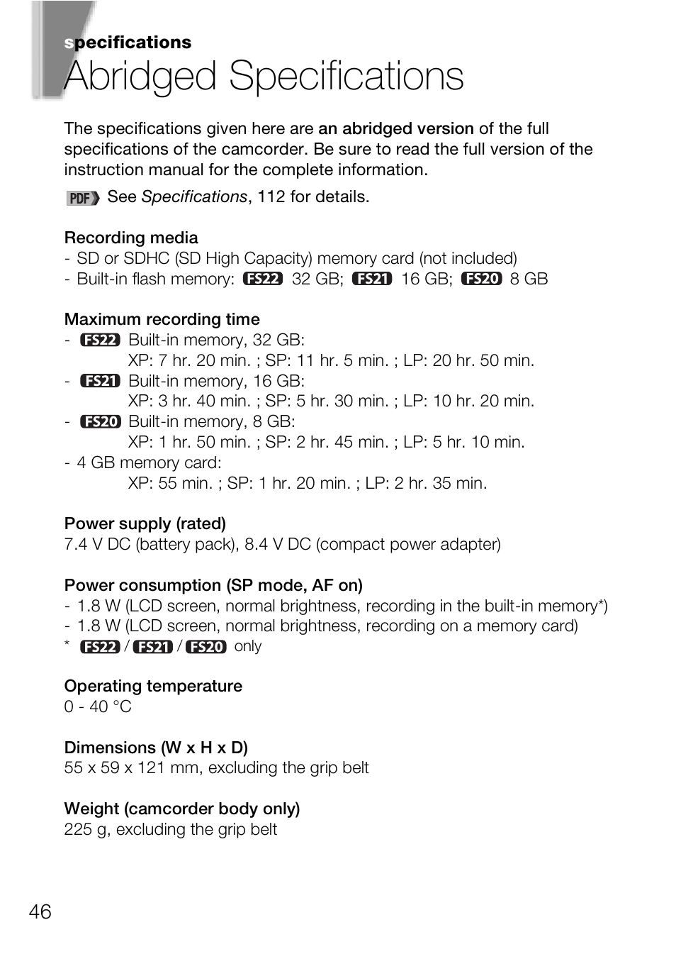 Abridged specifications | Canon Digital Video Camcorder FS200 User Manual | Page 46 / 50