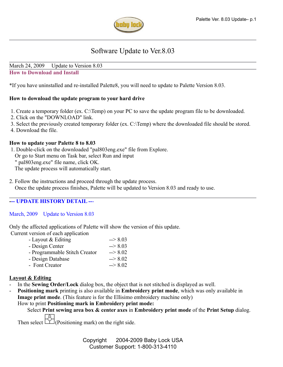 Baby Lock Palette 8.03 (ф) Instructions and Update Information for Windows XP/2000 and Vista 32/64 Bit User Manual | 2 pages