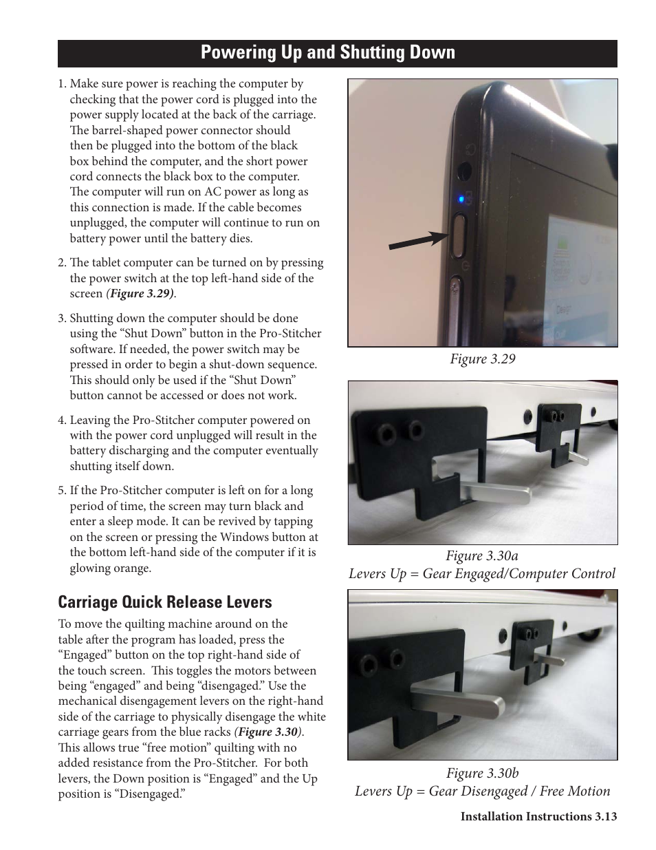 Powering up and shutting down, Carriage quick release levers | Baby Lock ProStitcher Version 14.04.0051 (BLPS2) Instruction and Reference Guide User Manual | Page 18 / 75