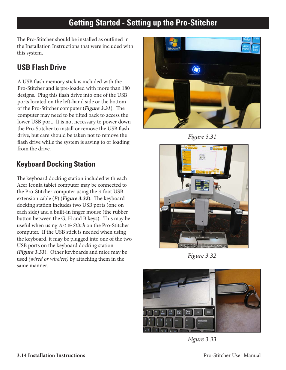 Getting started - setting up the pro-stitcher, Usb flash drive, Keyboard docking station | Baby Lock ProStitcher Version 14.04.0051 (BLPS2) Instruction and Reference Guide User Manual | Page 19 / 75