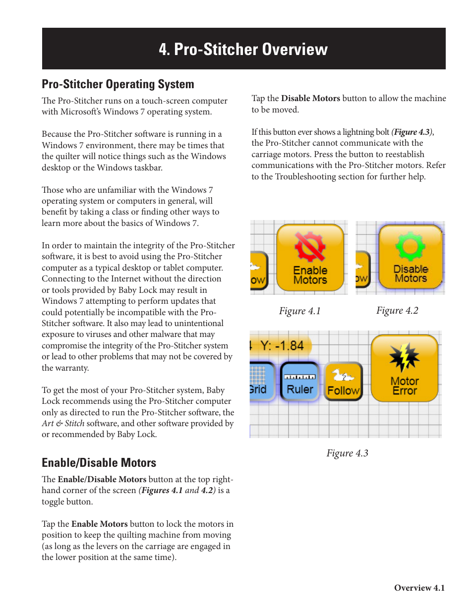 Prostitcher 04_overview print_10_05_12, Pro-stitcher overview, Pro-stitcher operating system | Enable/disable motors | Baby Lock ProStitcher Version 14.04.0051 (BLPS2) Instruction and Reference Guide User Manual | Page 20 / 75