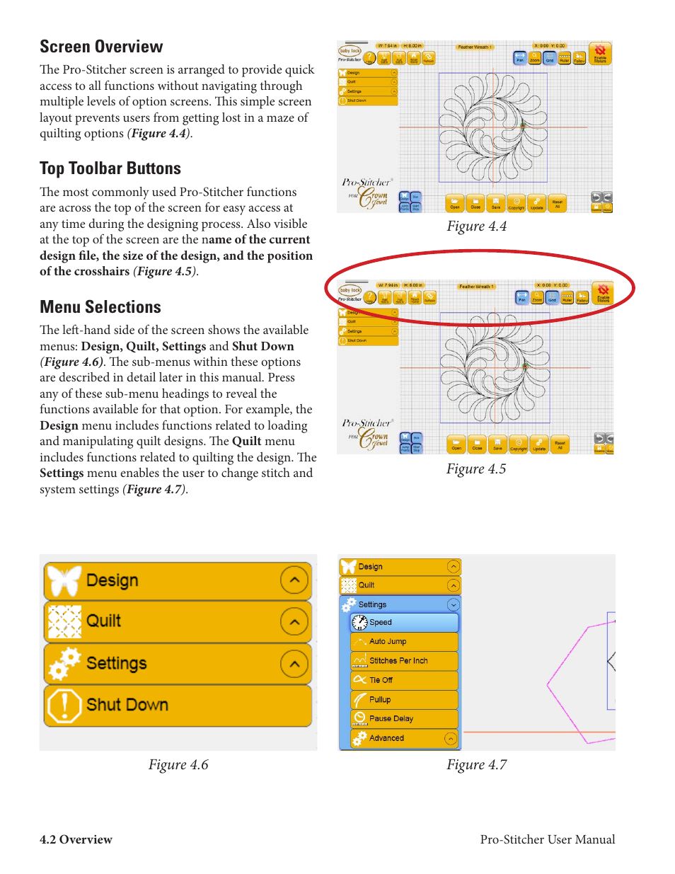 Screen overview, Top toolbar buttons, Menu selections | Baby Lock ProStitcher Version 14.04.0051 (BLPS2) Instruction and Reference Guide User Manual | Page 21 / 75