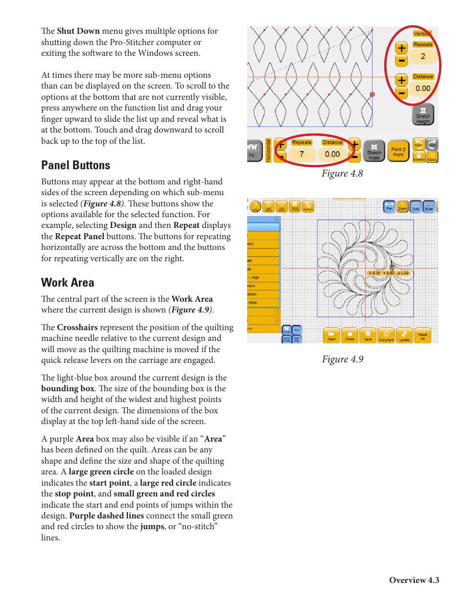 Panel buttons, Work area | Baby Lock ProStitcher Version 14.04.0051 (BLPS2) Instruction and Reference Guide User Manual | Page 22 / 75
