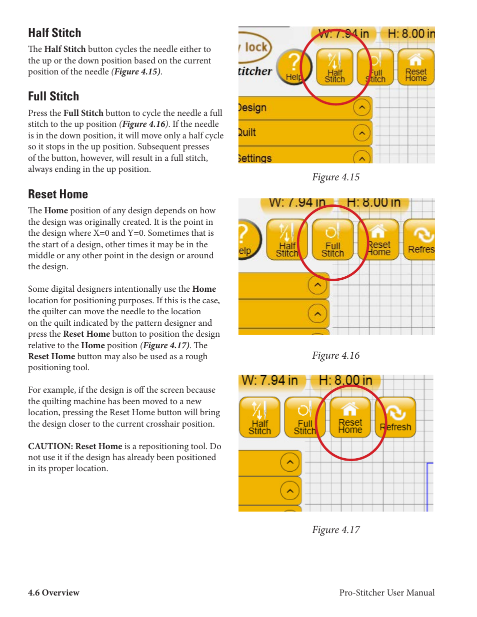 Half stitch, Full stitch, Reset home | Baby Lock ProStitcher Version 14.04.0051 (BLPS2) Instruction and Reference Guide User Manual | Page 25 / 75
