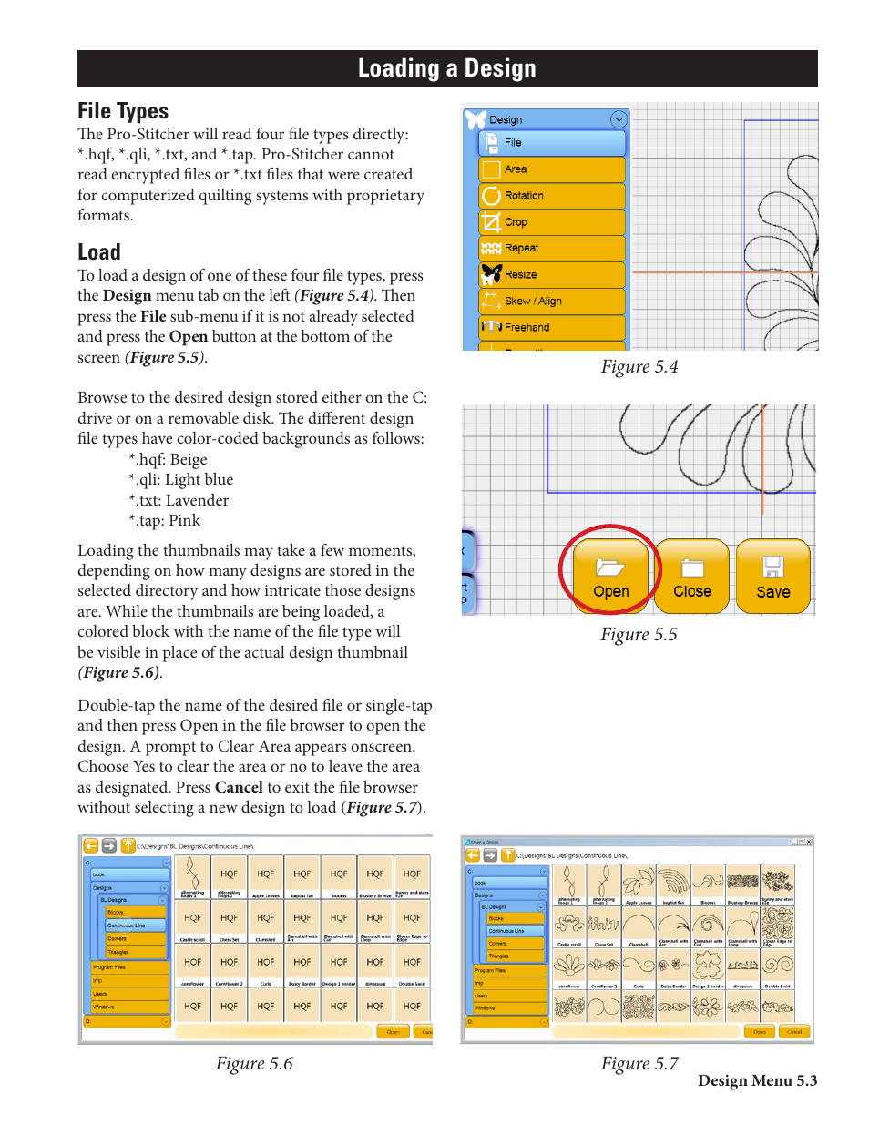 Loading a design, File types, Load | Baby Lock ProStitcher Version 14.04.0051 (BLPS2) Instruction and Reference Guide User Manual | Page 30 / 75