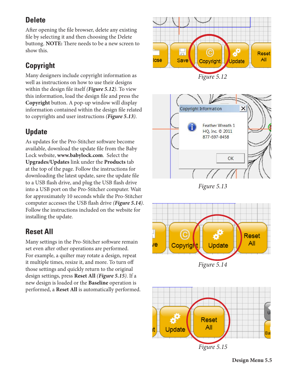 Delete, Copyright, Update | Reset all | Baby Lock ProStitcher Version 14.04.0051 (BLPS2) Instruction and Reference Guide User Manual | Page 32 / 75