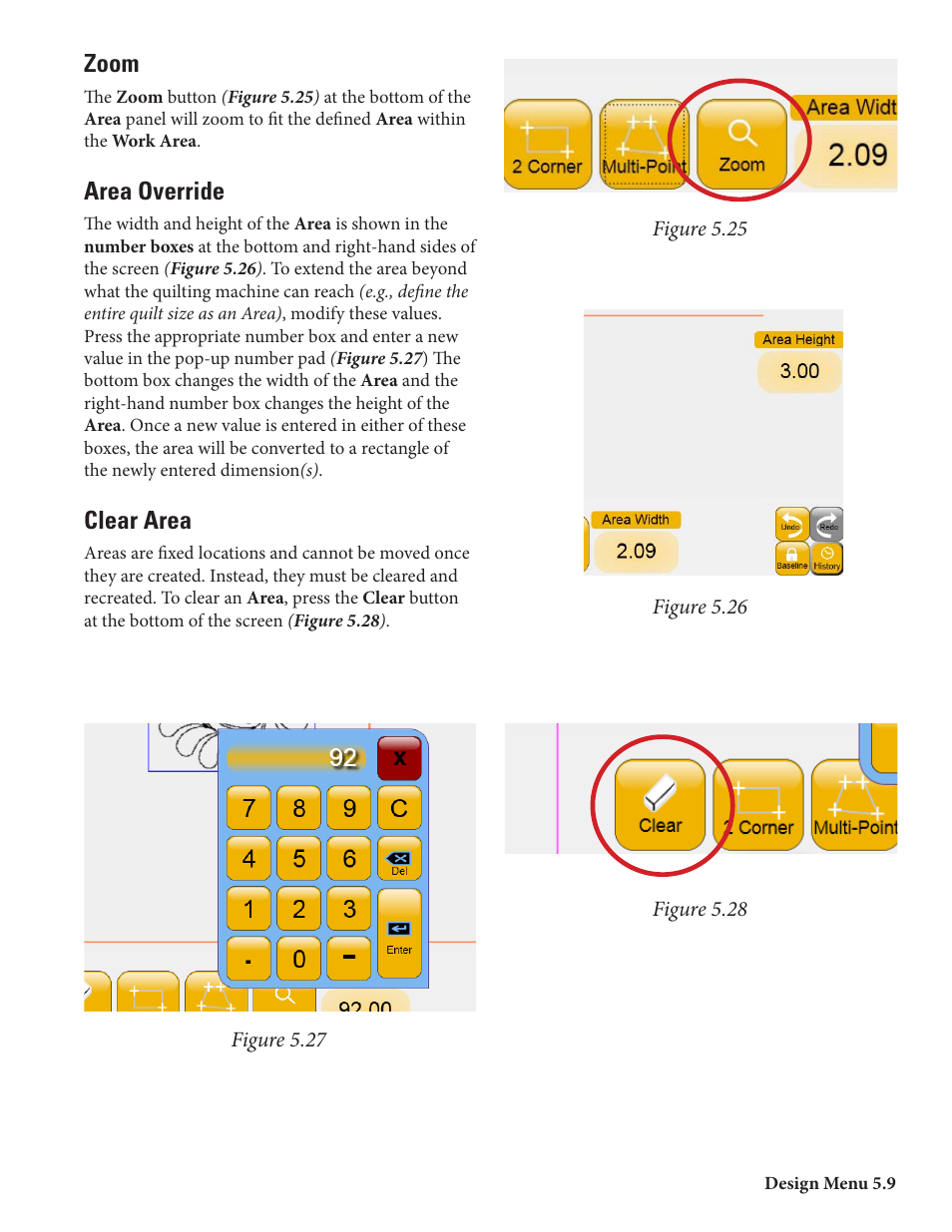 Zoom, Area override, Clear area | Baby Lock ProStitcher Version 14.04.0051 (BLPS2) Instruction and Reference Guide User Manual | Page 36 / 75