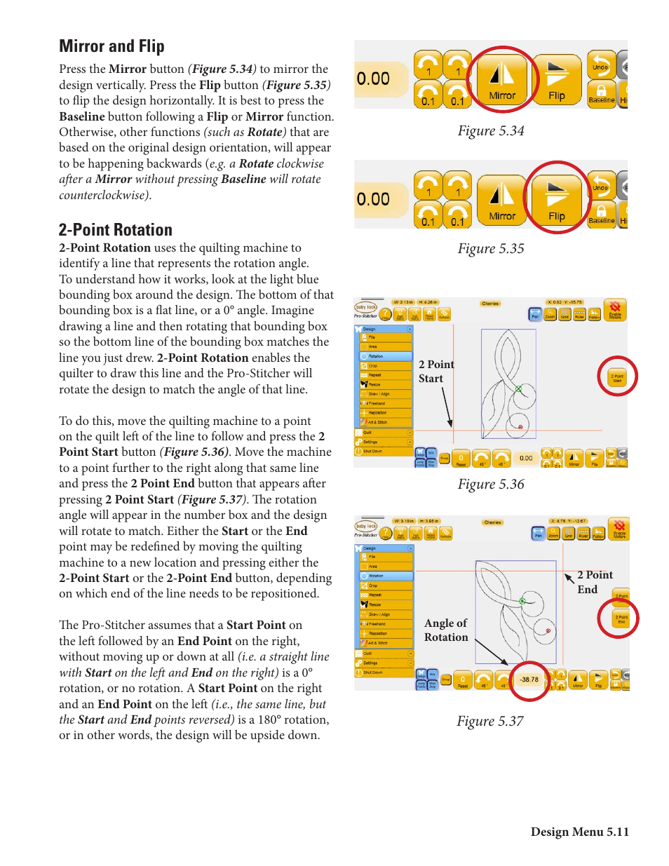 Mirror and flip, Point rotation | Baby Lock ProStitcher Version 14.04.0051 (BLPS2) Instruction and Reference Guide User Manual | Page 38 / 75