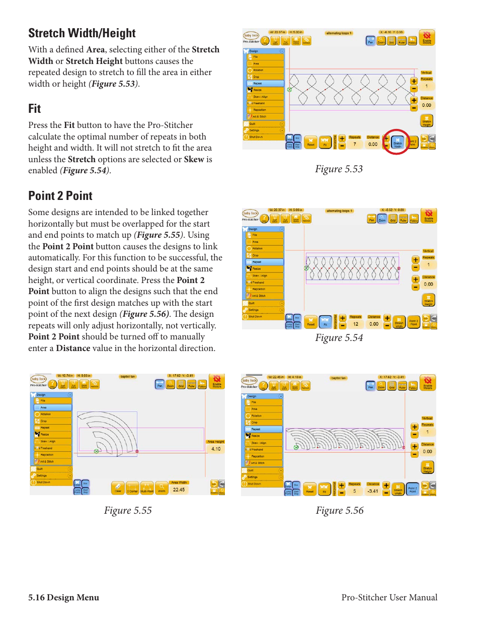 Stretch width/height, Point 2 point | Baby Lock ProStitcher Version 14.04.0051 (BLPS2) Instruction and Reference Guide User Manual | Page 43 / 75