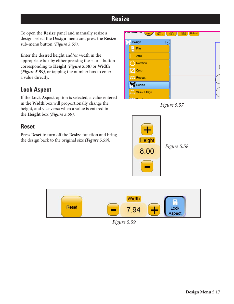 Resize, Lock aspect, Reset | Baby Lock ProStitcher Version 14.04.0051 (BLPS2) Instruction and Reference Guide User Manual | Page 44 / 75